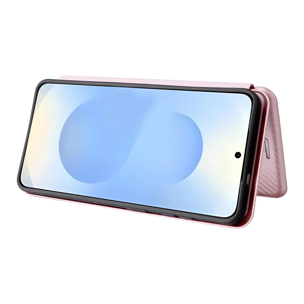 For Samsung Galaxy S26 Case Carbon Fiber Texture Drop-Proof PU Leather Phone Cover - Rose Gold - 3