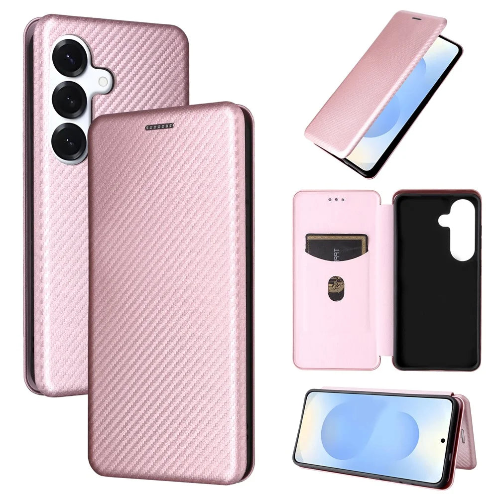 For Samsung Galaxy S26 Case Carbon Fiber Texture Drop-Proof PU Leather Phone Cover - Rose Gold - 7
