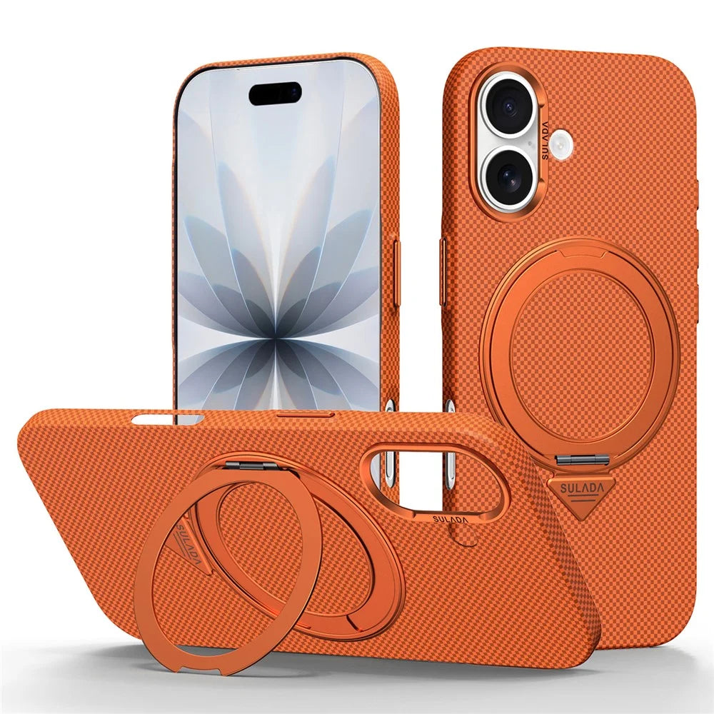 SULADA For iPhone 17 Kickstand Magnetic Case Grid Textured Anti Fingerprint Phone Cover - Orange - 1