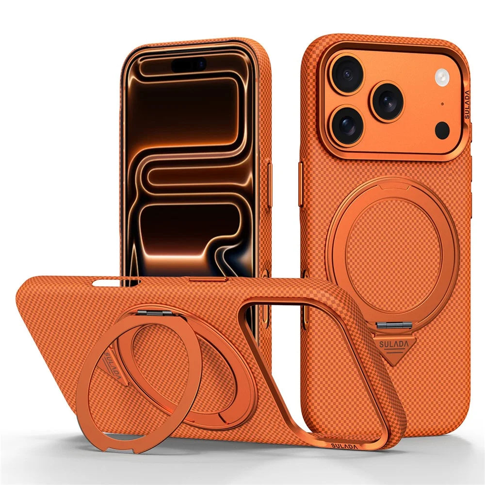 SULADA For iPhone 17 Pro Kickstand Magnetic Case Grid Textured Anti Fingerprint Phone Cover - Orange - 1