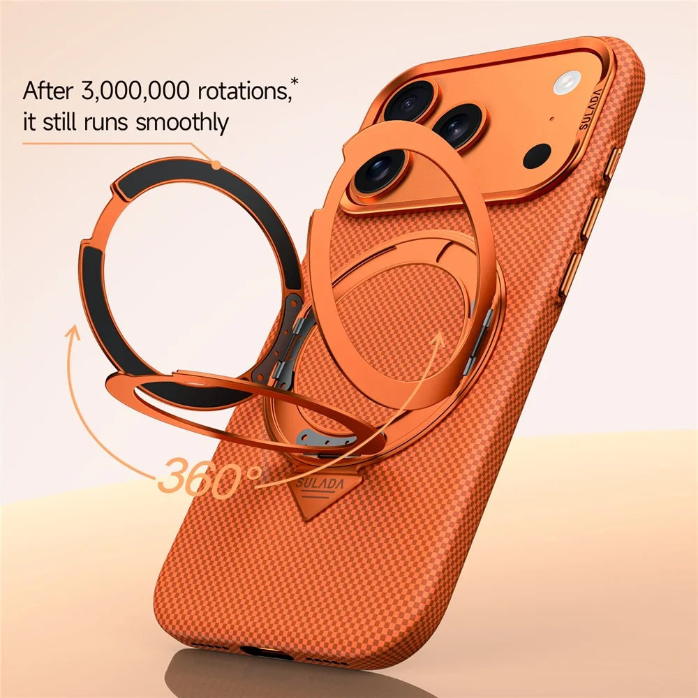 SULADA For iPhone 17 Pro Kickstand Magnetic Case Grid Textured Anti Fingerprint Phone Cover - Orange - 3