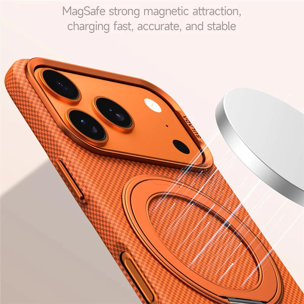 SULADA For iPhone 17 Pro Kickstand Magnetic Case Grid Textured Anti Fingerprint Phone Cover - Orange - 7