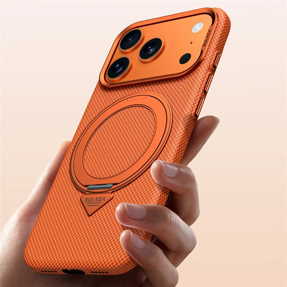 SULADA For iPhone 17 Pro Max Kickstand Magnetic Case Grid Textured Anti Fingerprint Phone Cover - Orange - 4