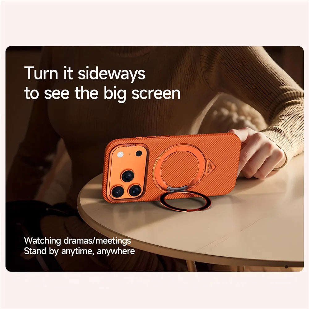 SULADA For iPhone 17 Pro Max Kickstand Magnetic Case Grid Textured Anti Fingerprint Phone Cover - Orange - 5
