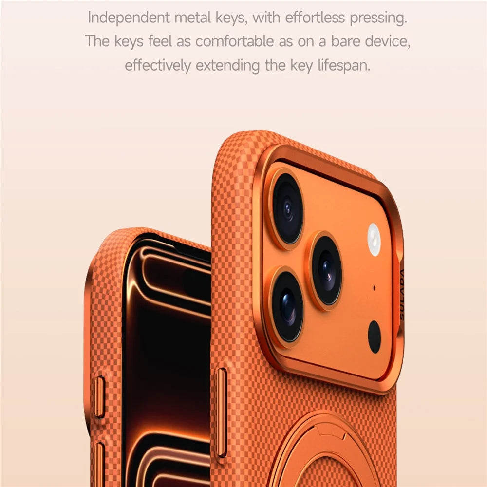 SULADA For iPhone 17 Pro Max Kickstand Magnetic Case Grid Textured Anti Fingerprint Phone Cover - Orange - 6