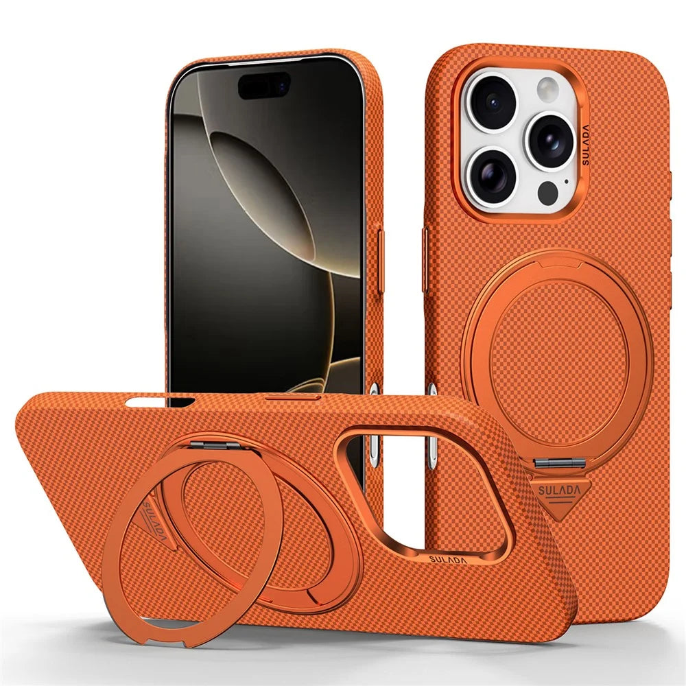 SULADA For iPhone 16 Pro Max Kickstand Magnetic Case Grid Textured Anti Fingerprint Phone Cover - Orange - 1