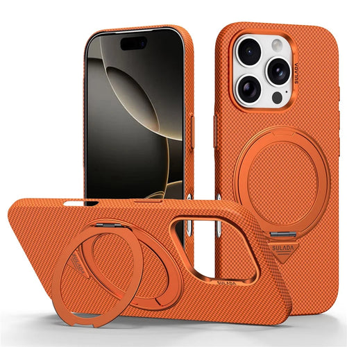 SULADA For iPhone 16 Pro Max Kickstand Magnetic Case Grid Textured Anti Fingerprint Phone Cover - Orange - 1