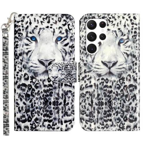 For Samsung Galaxy S23 Ultra 3D Pattern Printing PU Leather Flip Wallet Case Stand Magnetic Shockproof Protective Phone Cover with Strap - Leopard - 1
