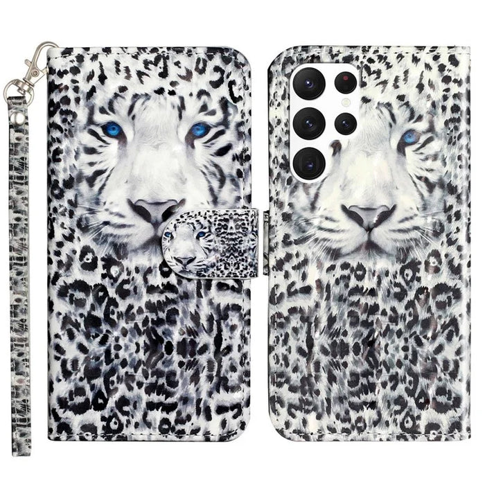 For Samsung Galaxy S23 Ultra 3D Pattern Printing PU Leather Flip Wallet Case Stand Magnetic Shockproof Protective Phone Cover with Strap - Leopard - 1