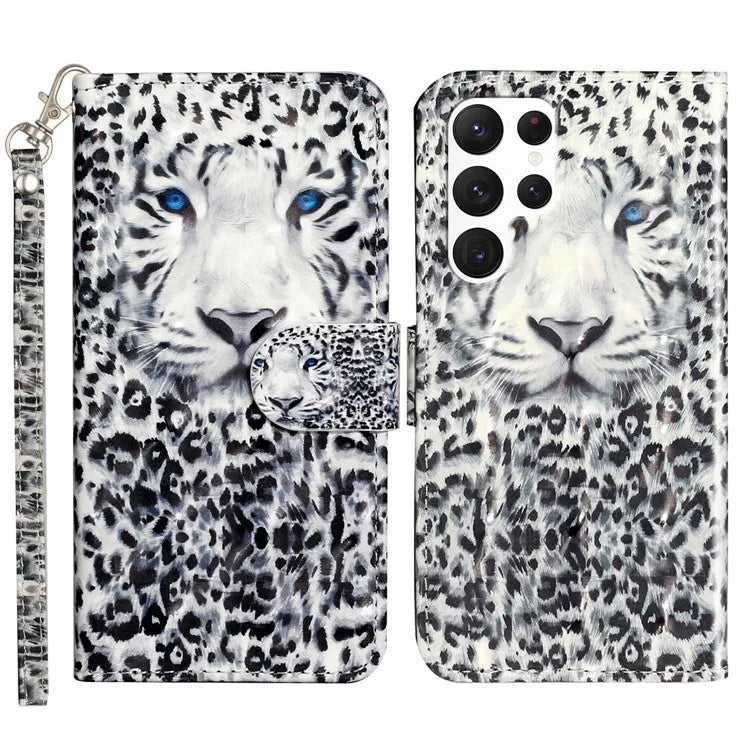For Samsung Galaxy S23 Ultra 3D Pattern Printing PU Leather Flip Wallet Case Stand Magnetic Shockproof Protective Phone Cover with Strap - Leopard - 1