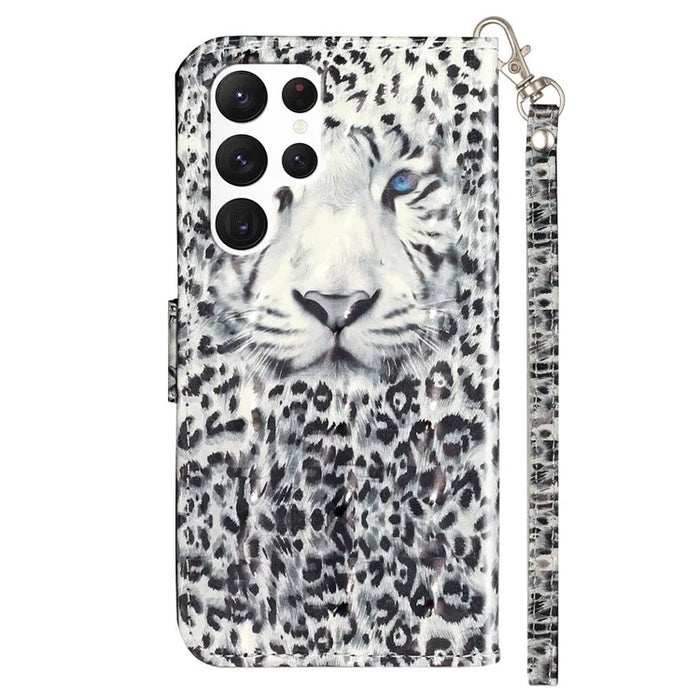 For Samsung Galaxy S23 Ultra 3D Pattern Printing PU Leather Flip Wallet Case Stand Magnetic Shockproof Protective Phone Cover with Strap - Leopard - 7