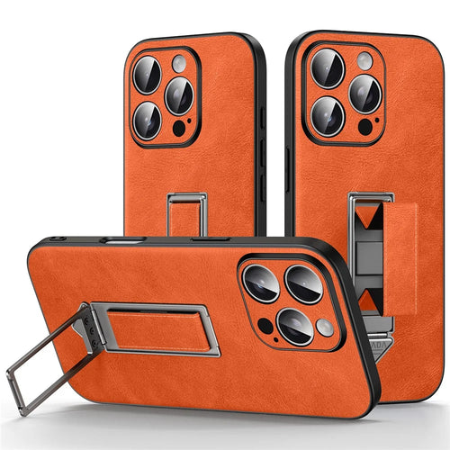 SULADA For iPhone 16 Pro Kickstand Case with Magnetic Finger Strap TPU + PC + PU Phone Cover - Orange - 1
