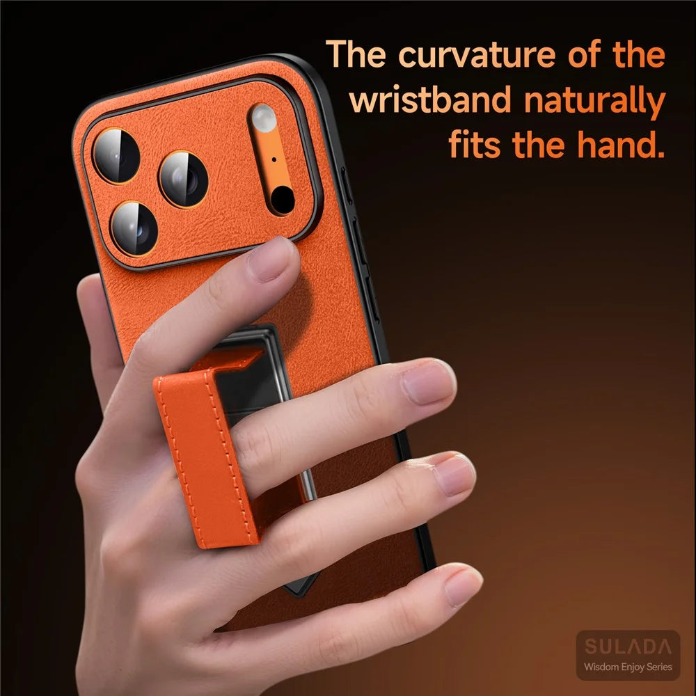 SULADA For iPhone 16 Pro Kickstand Case with Magnetic Finger Strap TPU + PC + PU Phone Cover - Orange - 2