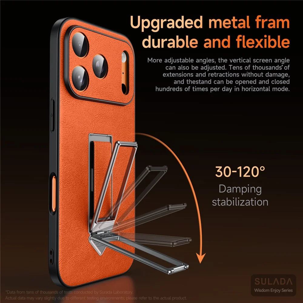SULADA For iPhone 16 Pro Kickstand Case with Magnetic Finger Strap TPU + PC + PU Phone Cover - Orange - 3
