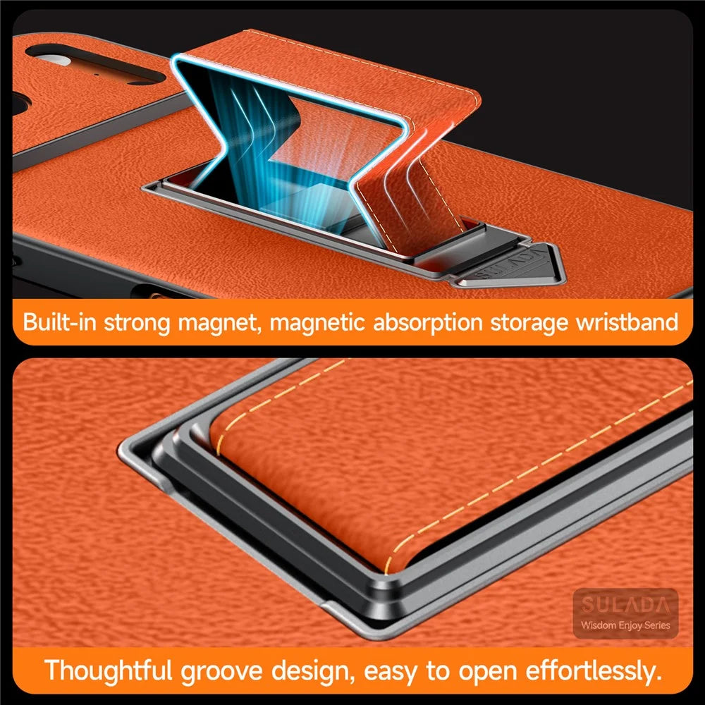 SULADA For iPhone 16 Pro Kickstand Case with Magnetic Finger Strap TPU + PC + PU Phone Cover - Orange - 4