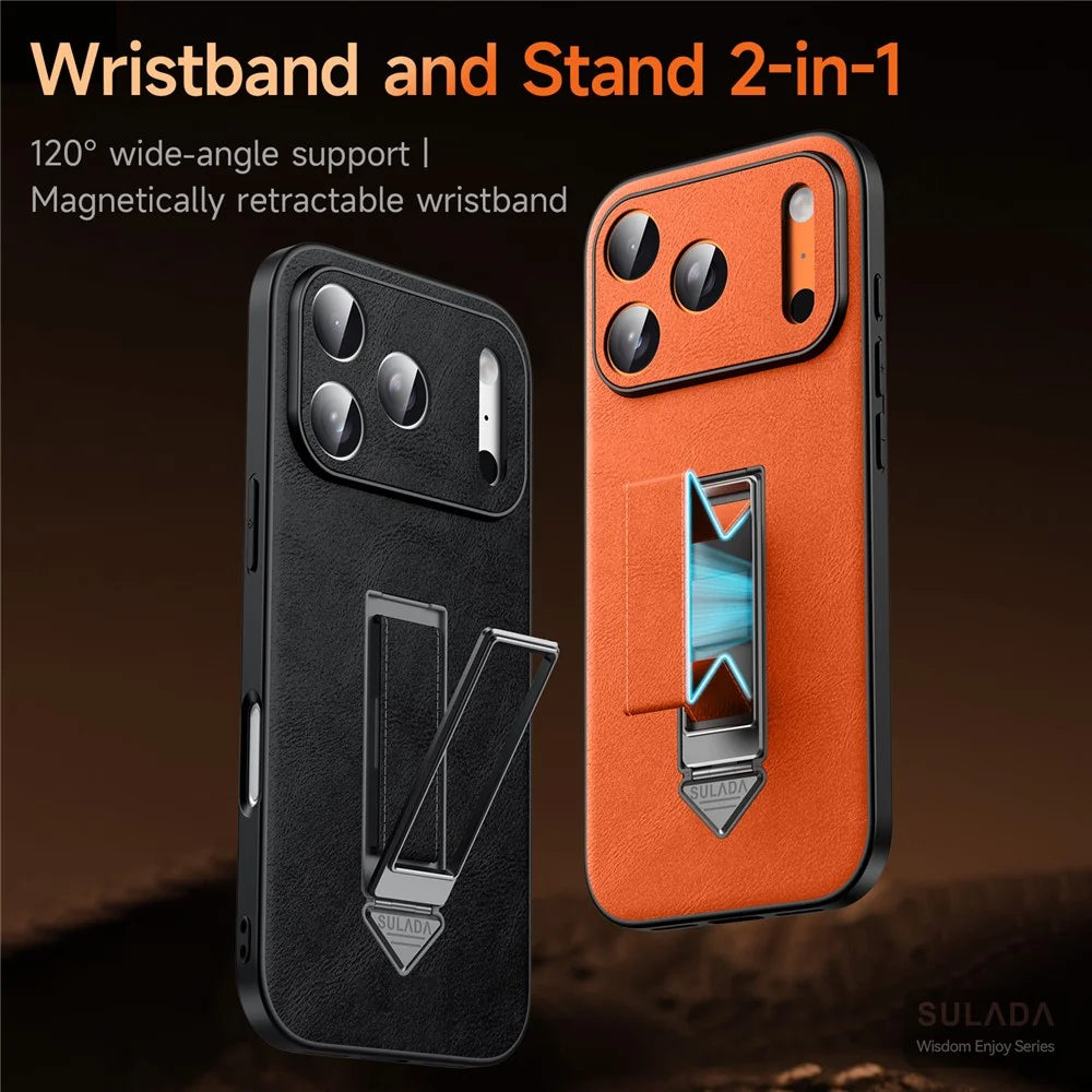 SULADA For iPhone 16 Pro Kickstand Case with Magnetic Finger Strap TPU + PC + PU Phone Cover - Orange - 5