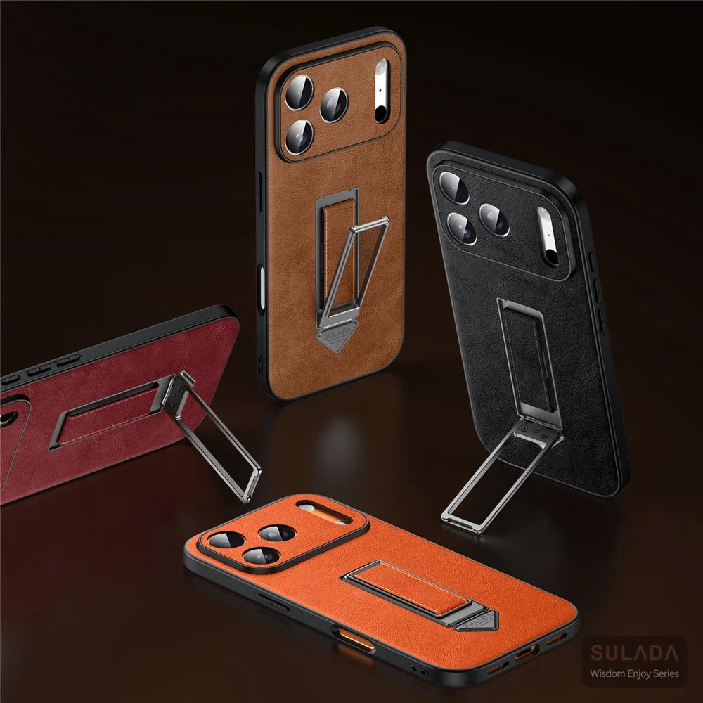 SULADA For iPhone 16 Pro Kickstand Case with Magnetic Finger Strap TPU + PC + PU Phone Cover - Orange - 6
