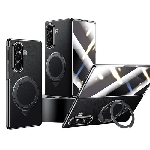 SULADA For Samsung Galaxy Z Fold7 5G Magnetic Case with Kickstand / Screen Film Genuine Cow Leather PC Phone Cover - Black - 1