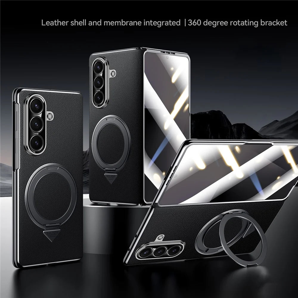 SULADA For Samsung Galaxy Z Fold7 5G Magnetic Case with Kickstand / Screen Film Genuine Cow Leather PC Phone Cover - Black - 2