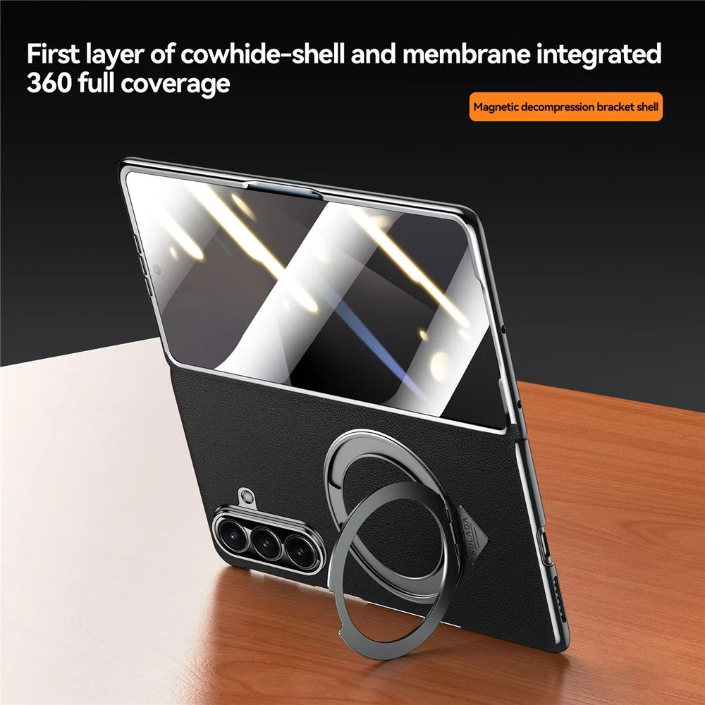 SULADA For Samsung Galaxy Z Fold7 5G Magnetic Case with Kickstand / Screen Film Genuine Cow Leather PC Phone Cover - Black - 3