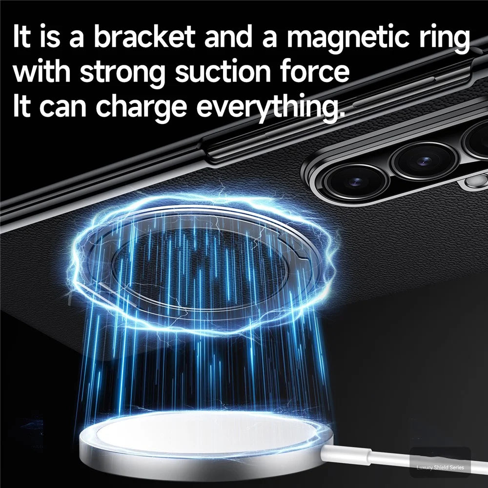 SULADA For Samsung Galaxy Z Fold7 5G Magnetic Case with Kickstand / Screen Film Genuine Cow Leather PC Phone Cover - Black - 4