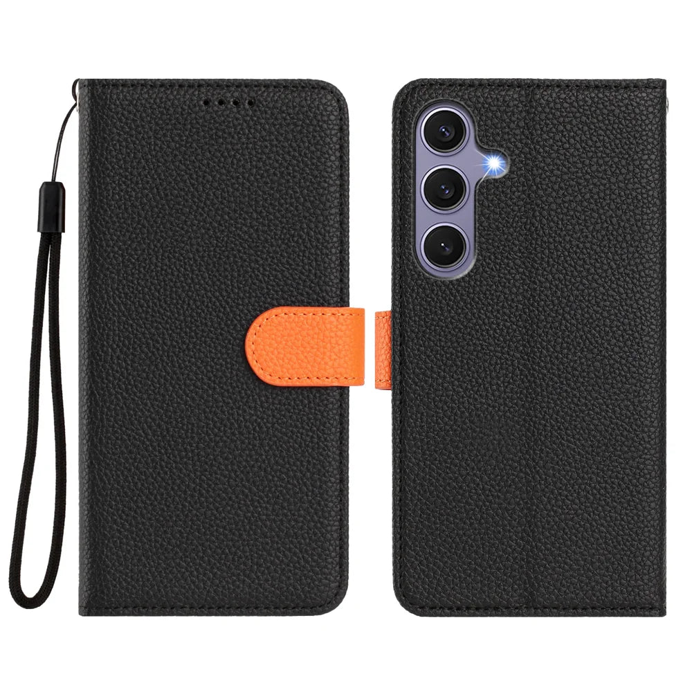 For Samsung Galaxy S25+ Leather Magnetic Case Detachable Wallet Phone Cover with Hand Strap - Black / Orange - 2