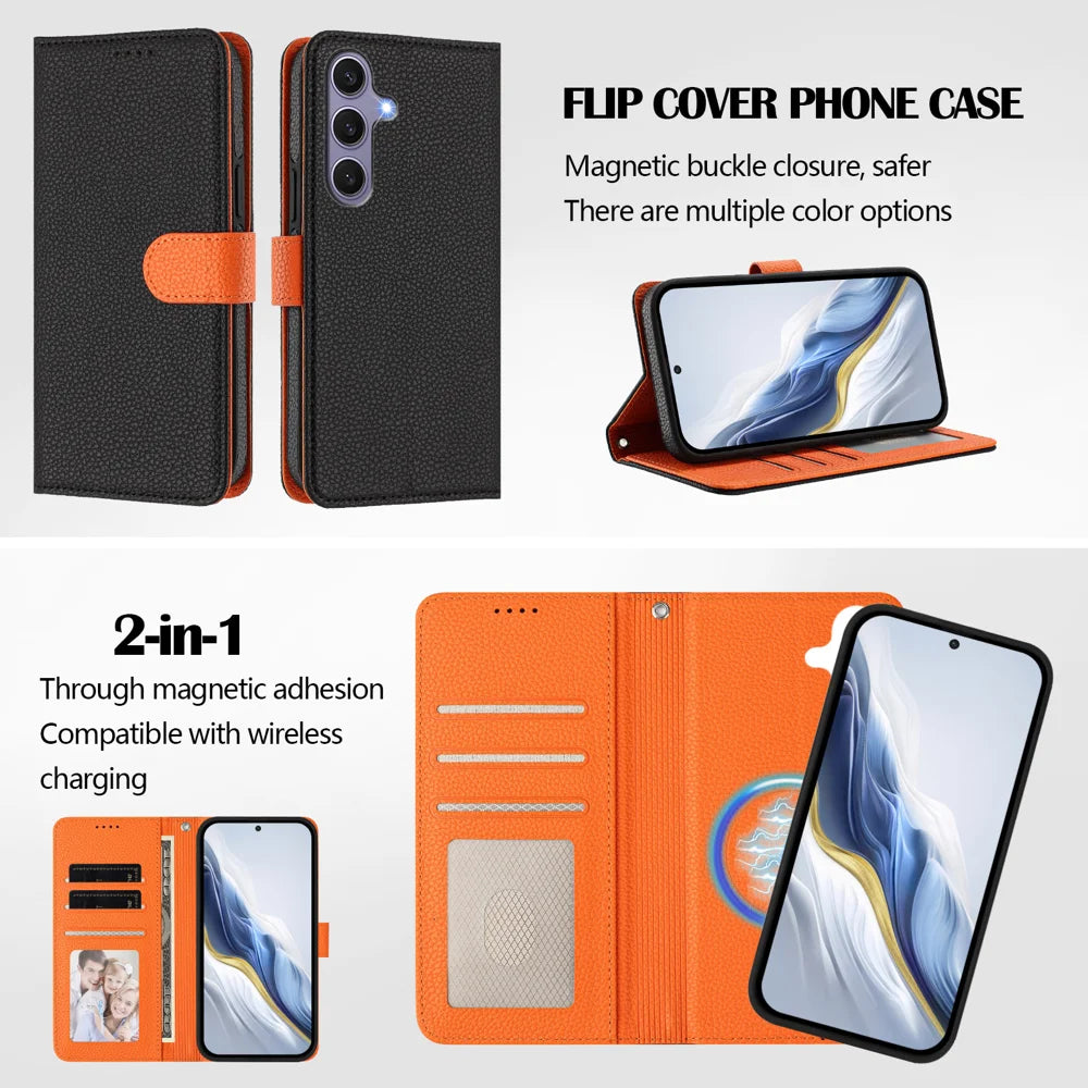 For Samsung Galaxy S25+ Leather Magnetic Case Detachable Wallet Phone Cover with Hand Strap - Black / Orange - 6