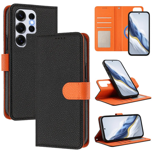 For Samsung Galaxy S25 Ultra Leather Magnetic Case Detachable Wallet Phone Cover with Hand Strap - Black / Orange - 1