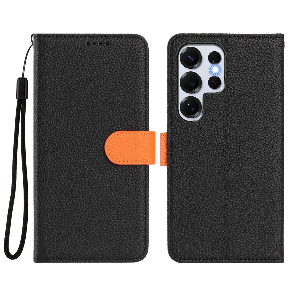 For Samsung Galaxy S25 Ultra Leather Magnetic Case Detachable Wallet Phone Cover with Hand Strap - Black / Orange - 2