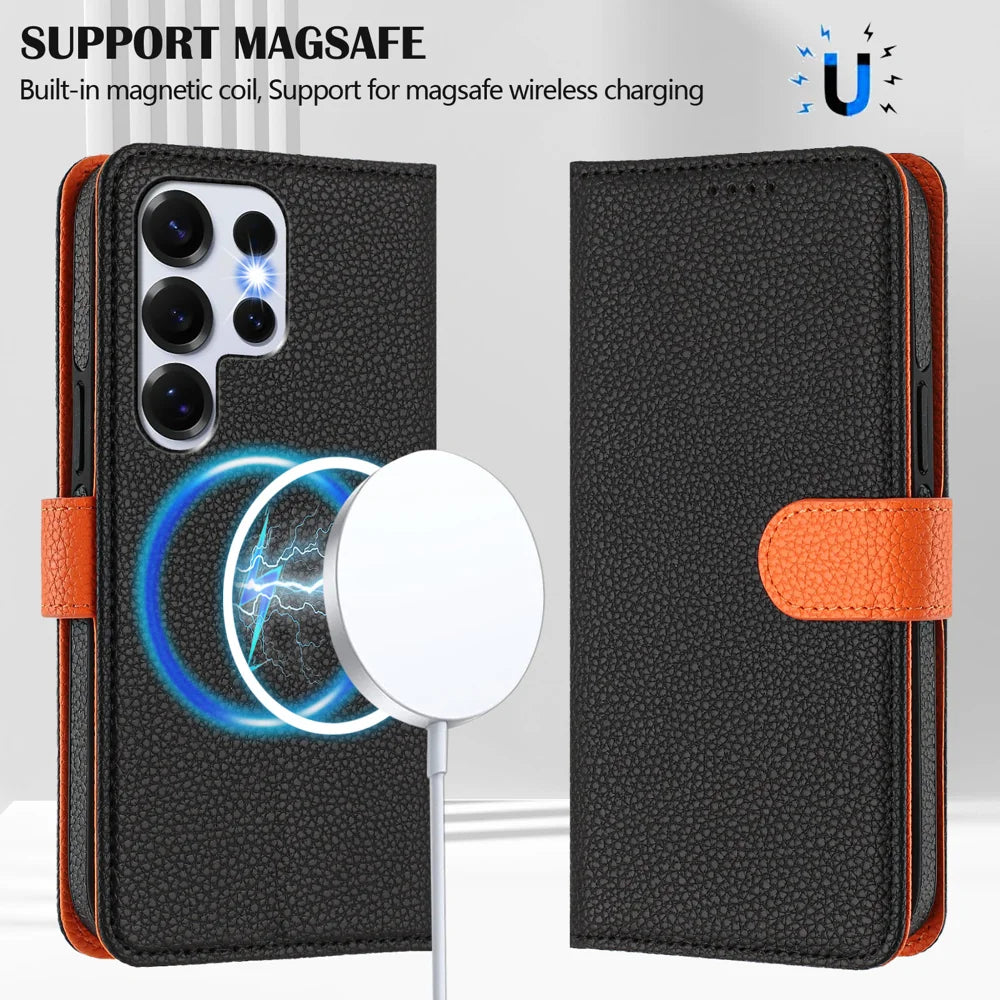 For Samsung Galaxy S25 Ultra Leather Magnetic Case Detachable Wallet Phone Cover with Hand Strap - Black / Orange - 3