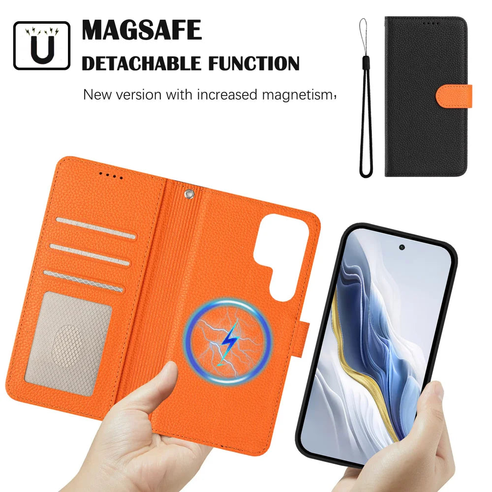 For Samsung Galaxy S25 Ultra Leather Magnetic Case Detachable Wallet Phone Cover with Hand Strap - Black / Orange - 4