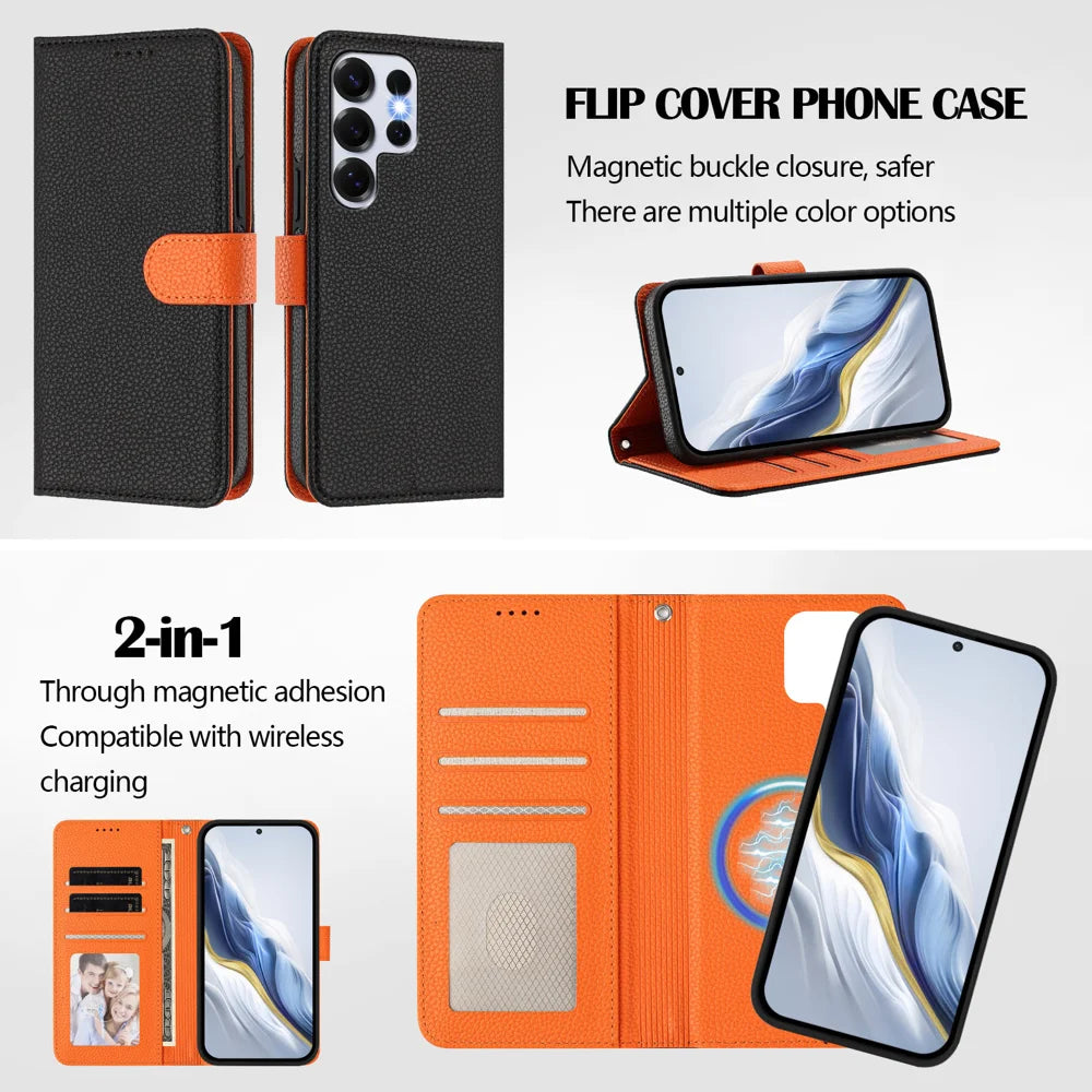 For Samsung Galaxy S25 Ultra Leather Magnetic Case Detachable Wallet Phone Cover with Hand Strap - Black / Orange - 6