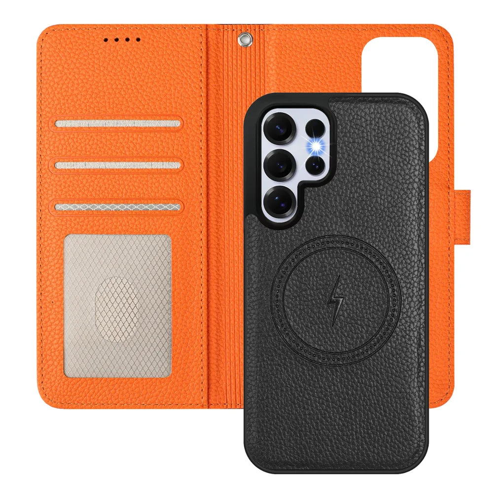 For Samsung Galaxy S25 Ultra Leather Magnetic Case Detachable Wallet Phone Cover with Hand Strap - Black / Orange - 7