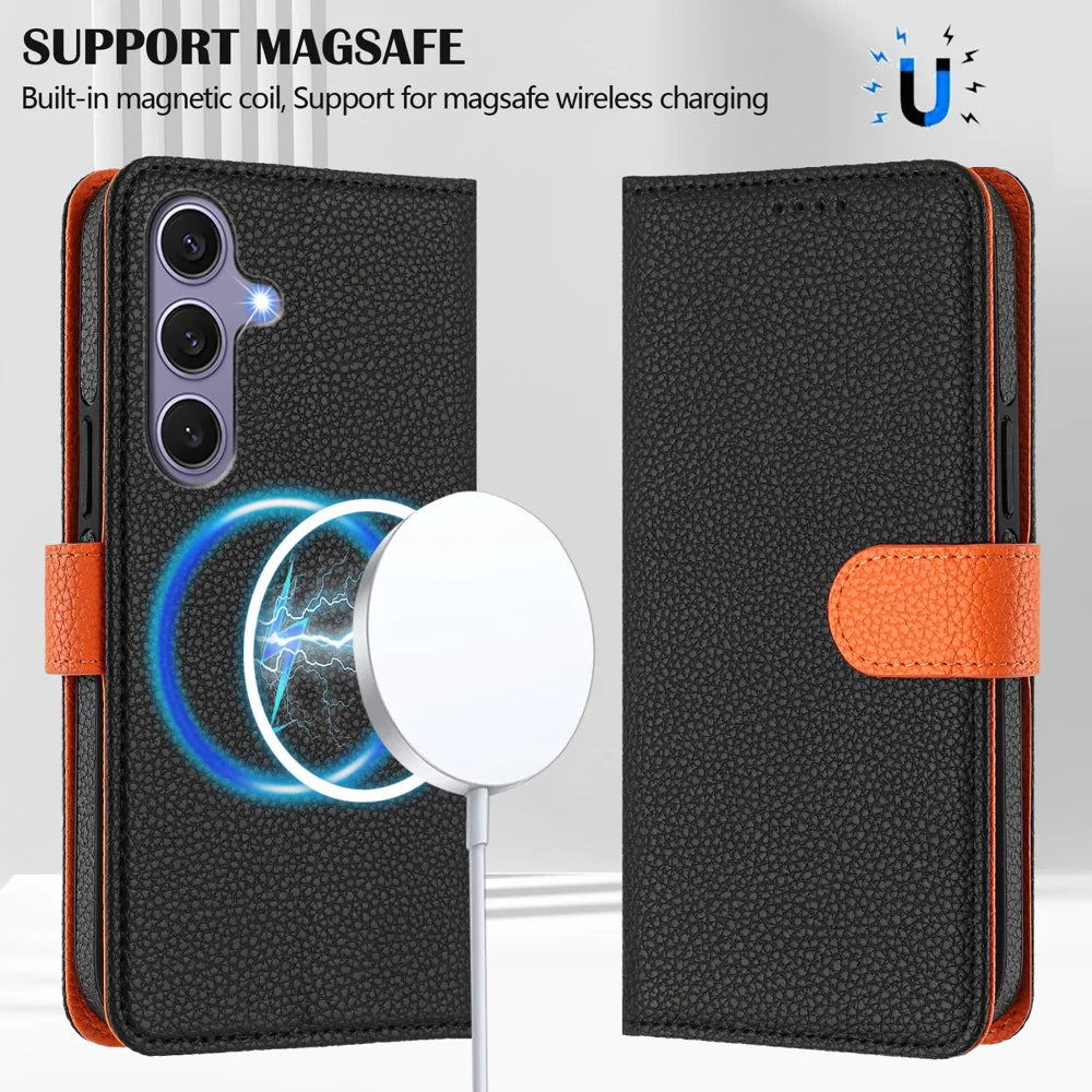 For Samsung Galaxy S25 Leather Magnetic Case Detachable Wallet Phone Cover with Hand Strap - Black / Orange - 3