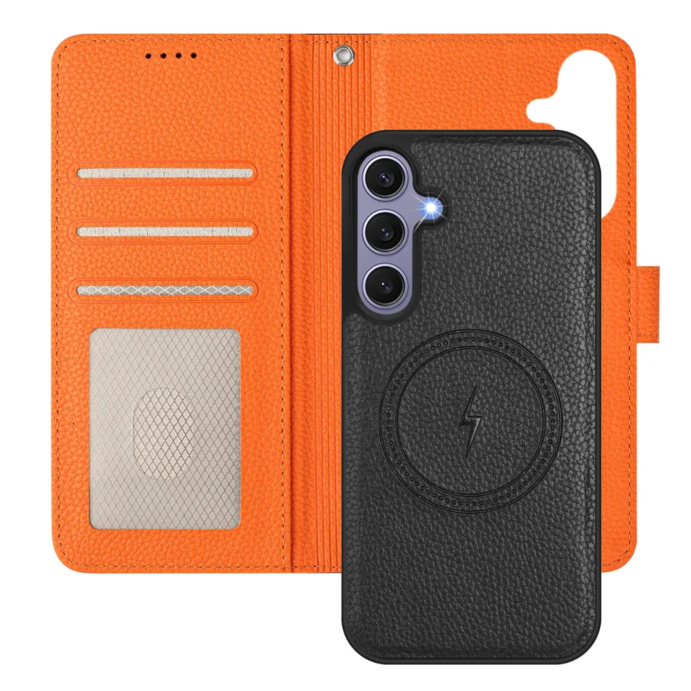 For Samsung Galaxy S25 Leather Magnetic Case Detachable Wallet Phone Cover with Hand Strap - Black / Orange - 7