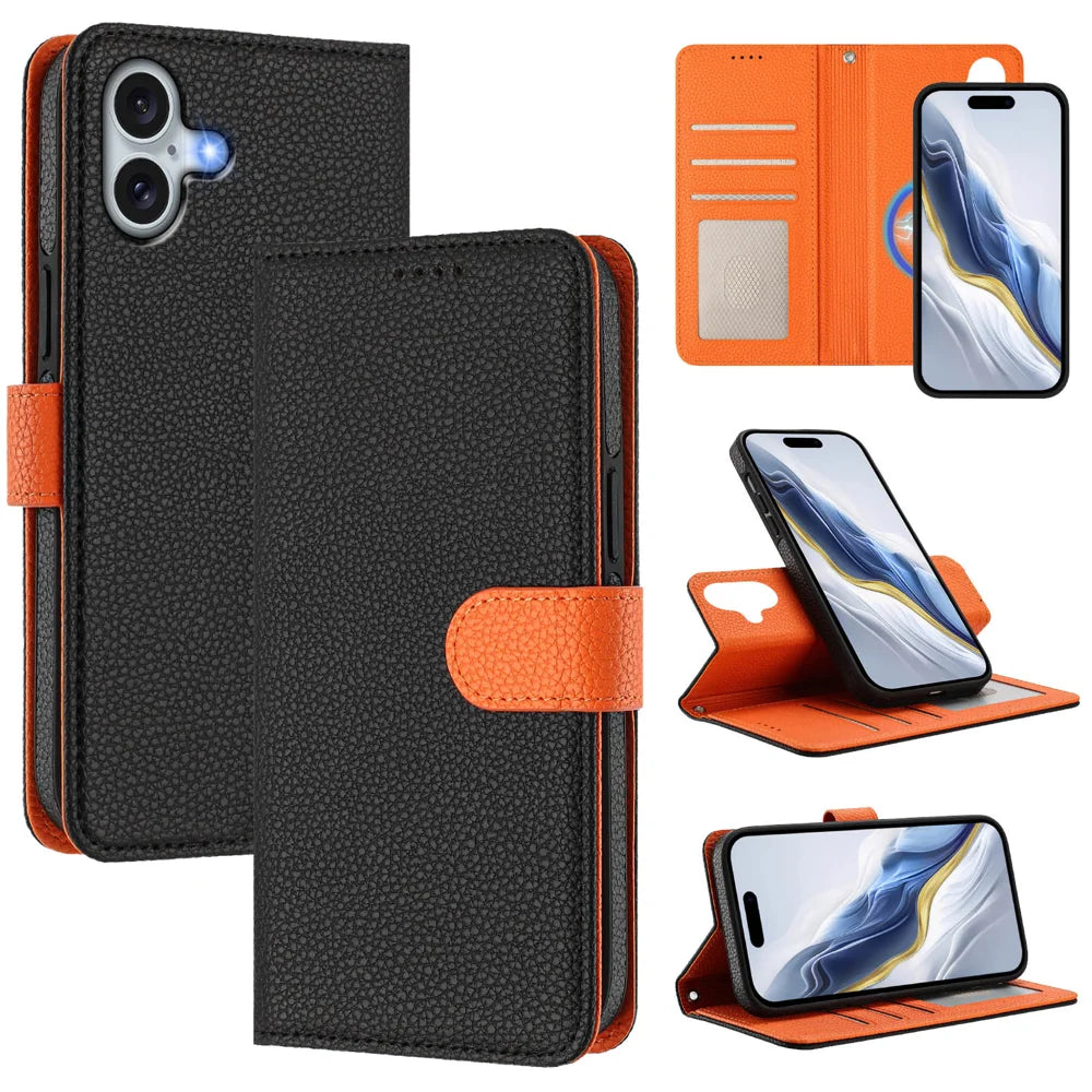For iPhone 16 Plus Leather Case Compatible with MagSafe Detachable Wallet Phone Cover with Hand Strap - Black / Orange - 1