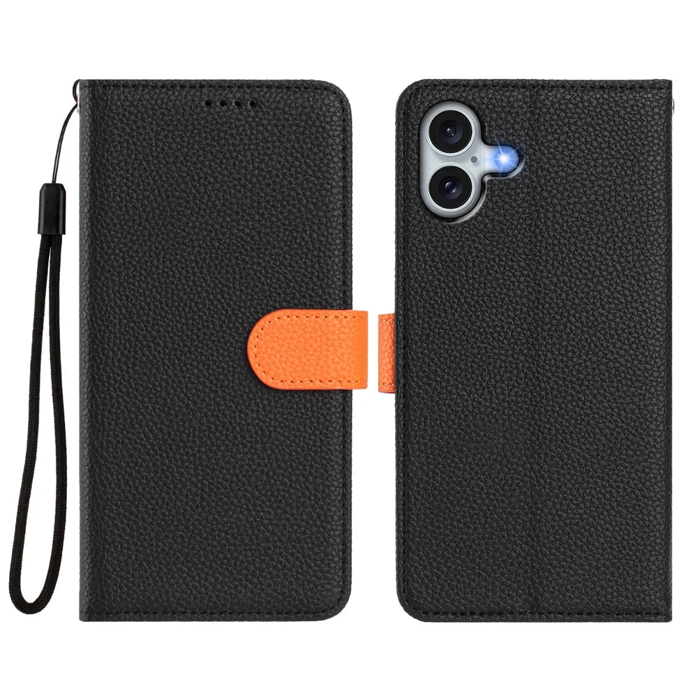 For iPhone 16 Plus Leather Case Compatible with MagSafe Detachable Wallet Phone Cover with Hand Strap - Black / Orange - 2
