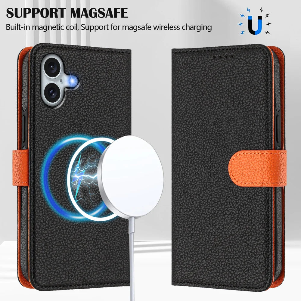 For iPhone 16 Plus Leather Case Compatible with MagSafe Detachable Wallet Phone Cover with Hand Strap - Black / Orange - 3