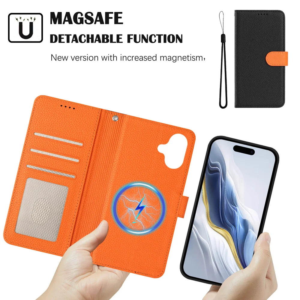 For iPhone 16 Plus Leather Case Compatible with MagSafe Detachable Wallet Phone Cover with Hand Strap - Black / Orange - 4