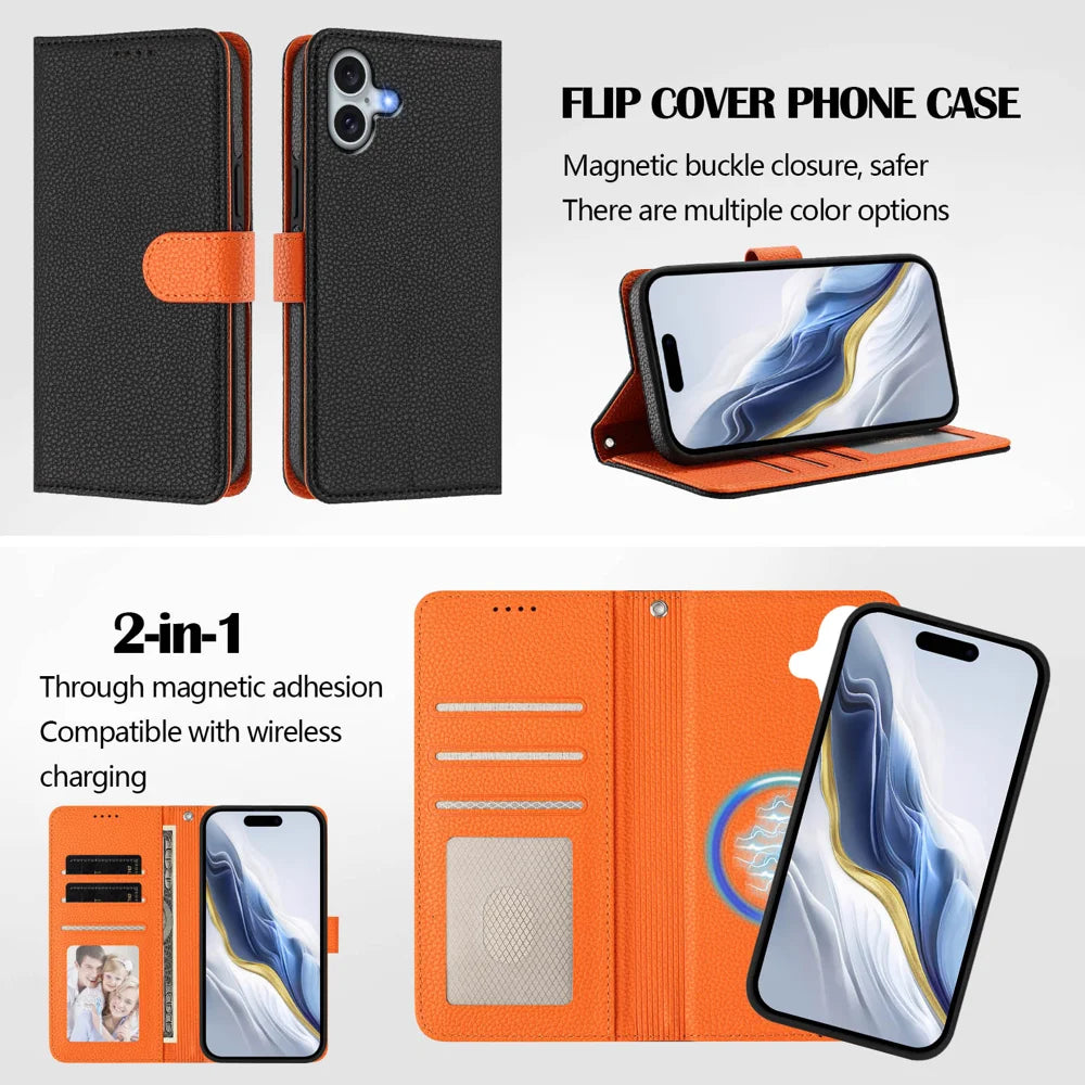 For iPhone 16 Plus Leather Case Compatible with MagSafe Detachable Wallet Phone Cover with Hand Strap - Black / Orange - 6