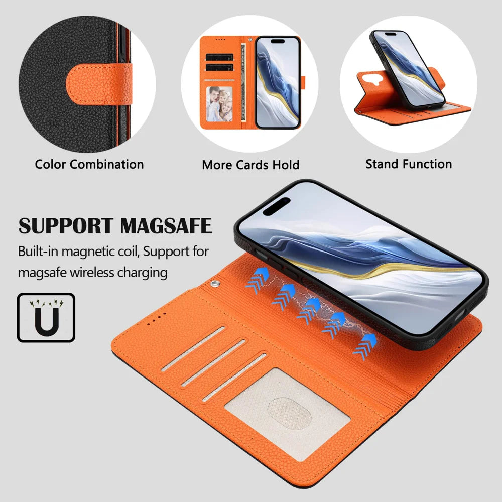 For iPhone 16 Leather Case Compatible with MagSafe Detachable Wallet Phone Cover with Hand Strap - Black / Orange - 5