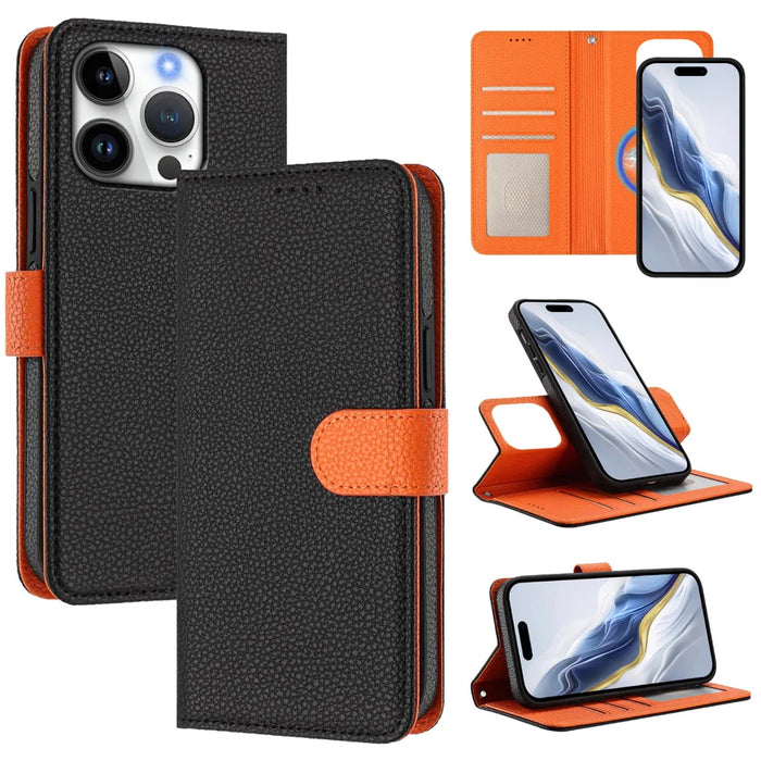 For iPhone 16 Pro Leather Case Compatible with MagSafe Detachable Wallet Phone Cover with Hand Strap - Black / Orange - 1