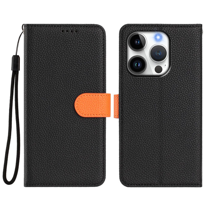 For iPhone 16 Pro Leather Case Compatible with MagSafe Detachable Wallet Phone Cover with Hand Strap - Black / Orange - 2