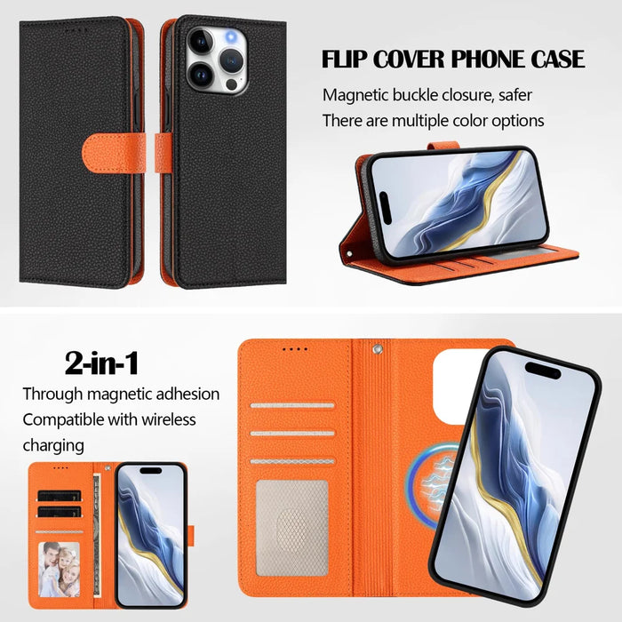 For iPhone 16 Pro Leather Case Compatible with MagSafe Detachable Wallet Phone Cover with Hand Strap - Black / Orange - 6