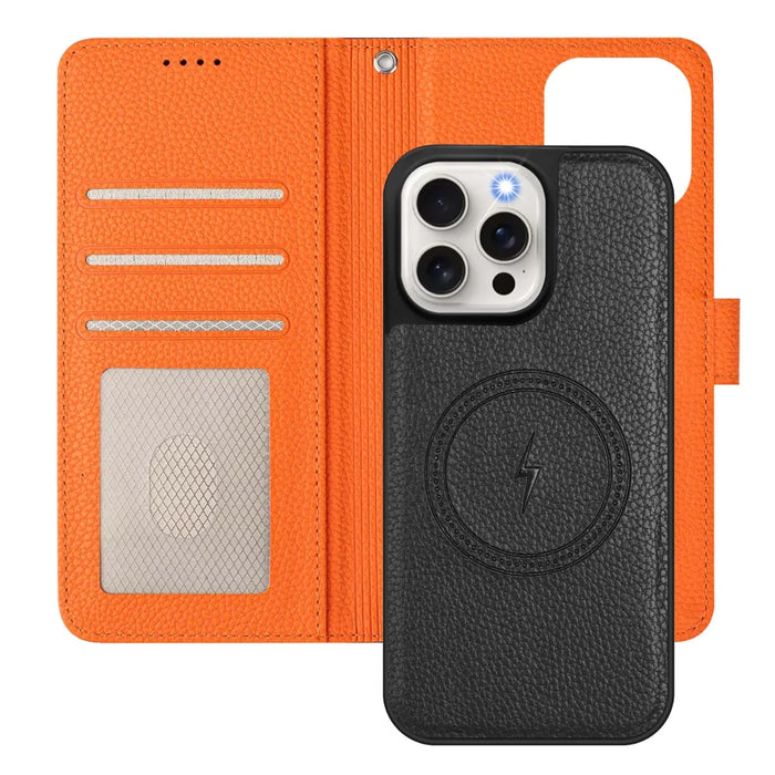 For iPhone 16 Pro Leather Case Compatible with MagSafe Detachable Wallet Phone Cover with Hand Strap - Black / Orange - 7