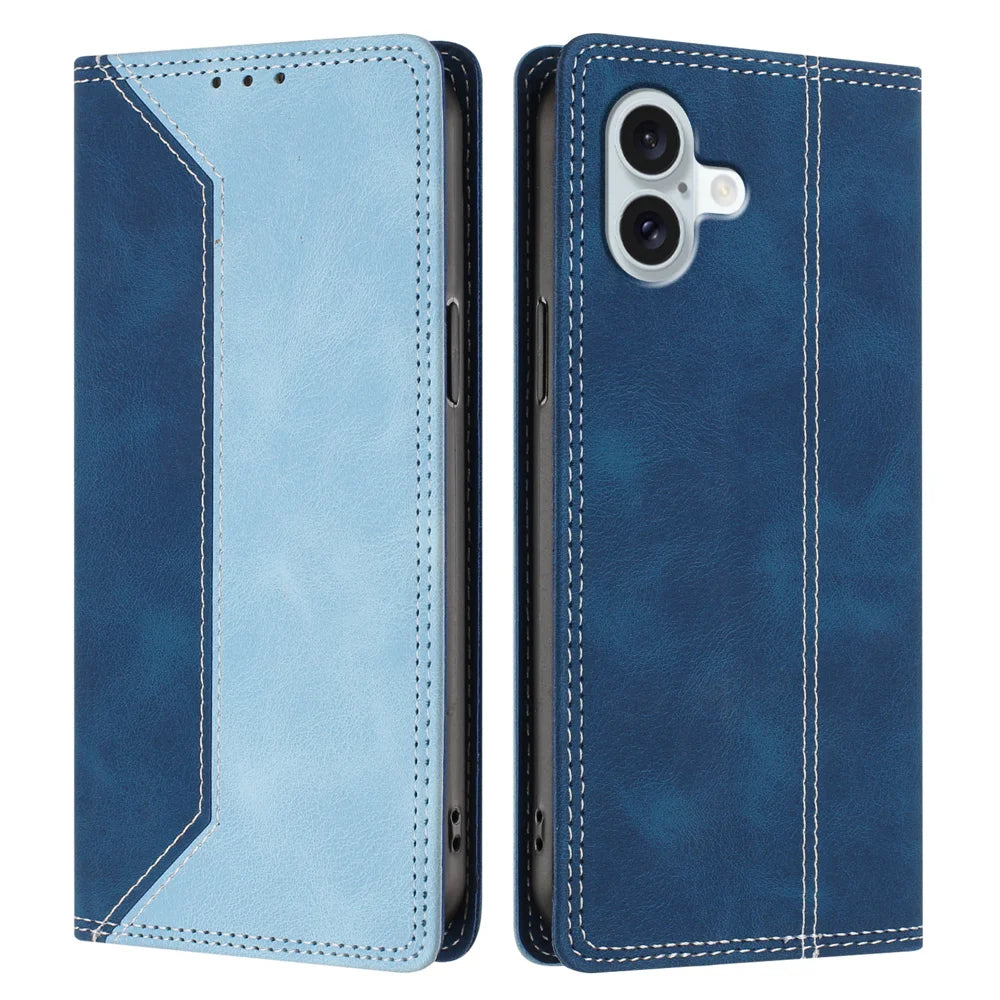 For iPhone 16 Plus Leather Case Skin Touch Color Splicing RFID Blocking Wallet Stand Phone Cover - Dark Blue / Blue - 1