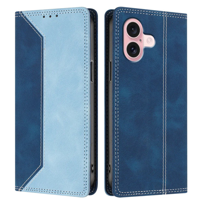 For iPhone 16 Leather Case Skin Touch Color Splicing RFID Blocking Wallet Stand Phone Cover - Dark Blue / Blue - 1