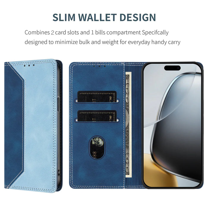 For iPhone 16 Leather Case Skin Touch Color Splicing RFID Blocking Wallet Stand Phone Cover - Dark Blue / Blue - 3