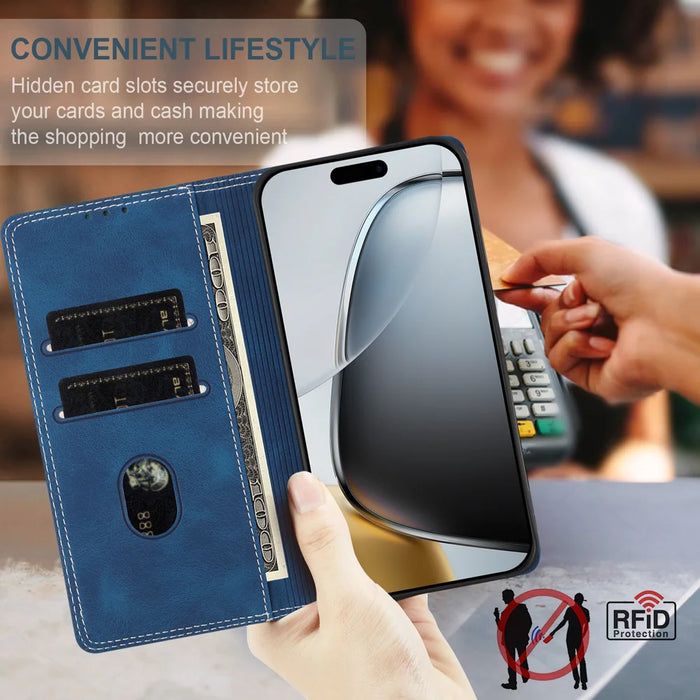 For iPhone 16 Leather Case Skin Touch Color Splicing RFID Blocking Wallet Stand Phone Cover - Dark Blue / Blue - 4