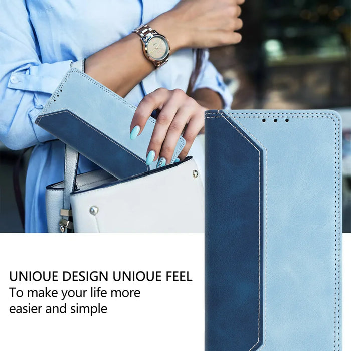 For iPhone 16 Leather Case Skin Touch Color Splicing RFID Blocking Wallet Stand Phone Cover - Dark Blue / Blue - 7
